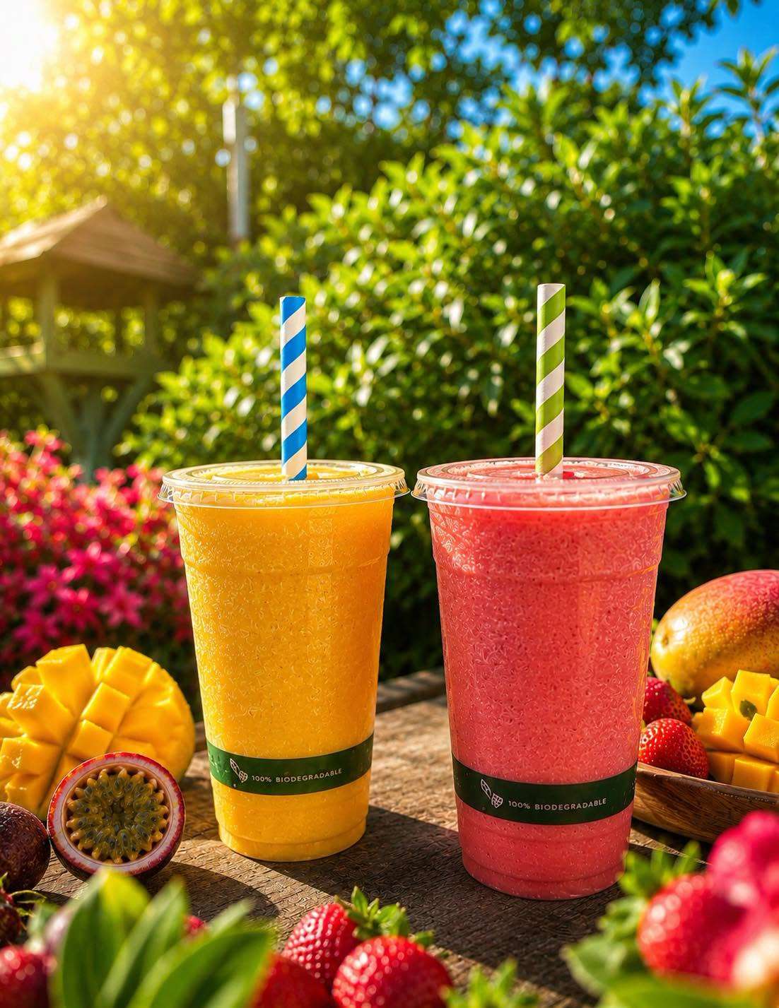Colourful fruit smoothies served outdoors at Scooters Café, surrounded by fresh fruit and vibrant garden planting.