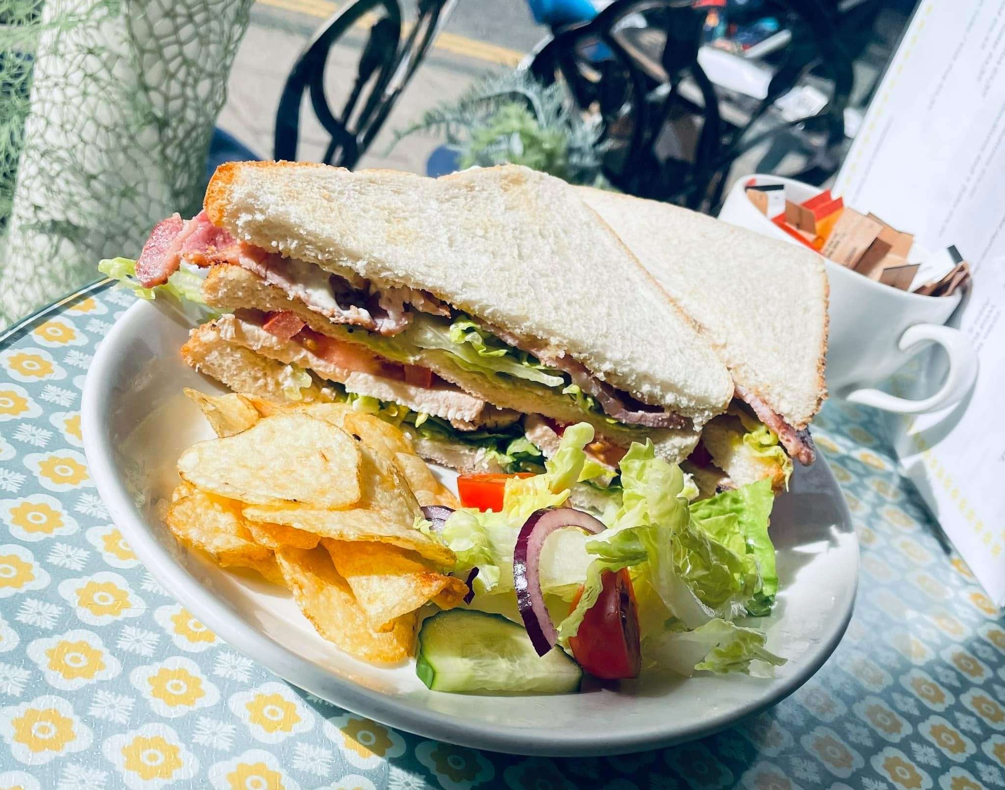 Freshly made sandwich served on a plate with salad garnish.